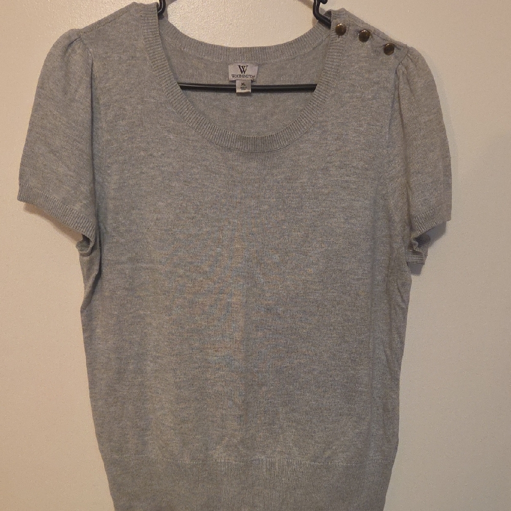Worthington Gray Soft Short Sleeve Sweater with Button Detail